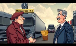 Mercedes Tourcoing vend son "M" à Erdé, rebaptisée "Merde", pour contourner une loi US absurde et cartonner sur le marché des remorques outre-Atlantique.